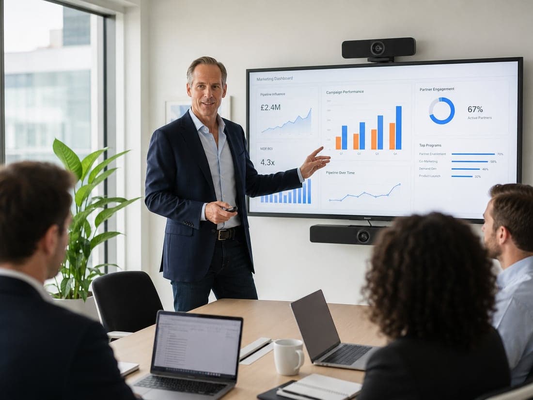 A consultant presenting a marketing strategy to colleagues in a conference room