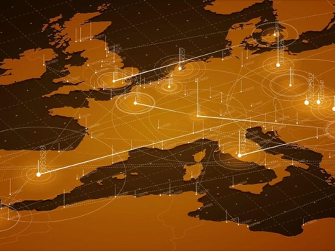 Digital map of Europe with connected data points, representing Zcalable Solutions' channel marketing reach across EMEA